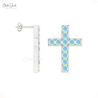 Pure 14k Gold Religious Earrings With 1.10 Ct Fire Opal Gemstone Handmade Baptism Studs
