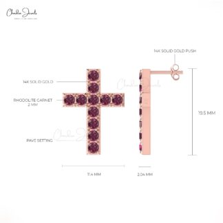 Round Cut Cross Earrings With 1.10 Ct Rhodolite Garnet Pave Set In 14k Real Gold Studs