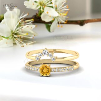 Stacking Dual Band With 0.23 Ct Citrine Gemstone & Diamond Chevron Ring In 14k Real Gold