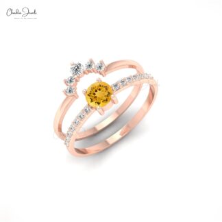 Stacking Dual Band With 0.23 Ct Citrine Gemstone & Diamond Chevron Ring In 14k Real Gold