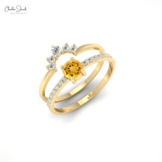 Stacking Dual Band With 0.23 Ct Citrine Gemstone & Diamond Chevron Ring In 14k Real Gold