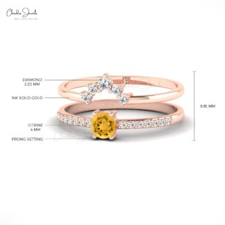 Stacking Dual Band With 0.23 Ct Citrine Gemstone & Diamond Chevron Ring In 14k Real Gold