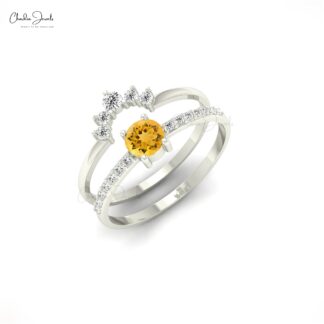 Stacking Dual Band With 0.23 Ct Citrine Gemstone & Diamond Chevron Ring In 14k Real Gold
