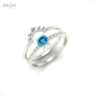 Real 14k Gold Stackable Band In 4mm Swiss Blue Topaz Chevron Diamond Ring