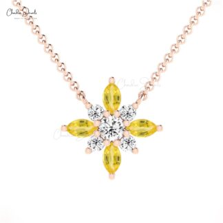Floral Diamond Necklace With 4x2mm Yellow Sapphire Prong Set In 14k Pure Gold Necklaces