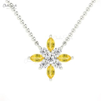 Floral Diamond Necklace With 4x2mm Yellow Sapphire Prong Set In 14k Pure Gold Necklaces