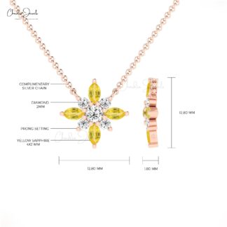 Floral Diamond Necklace With 4x2mm Yellow Sapphire Prong Set In 14k Pure Gold Necklaces