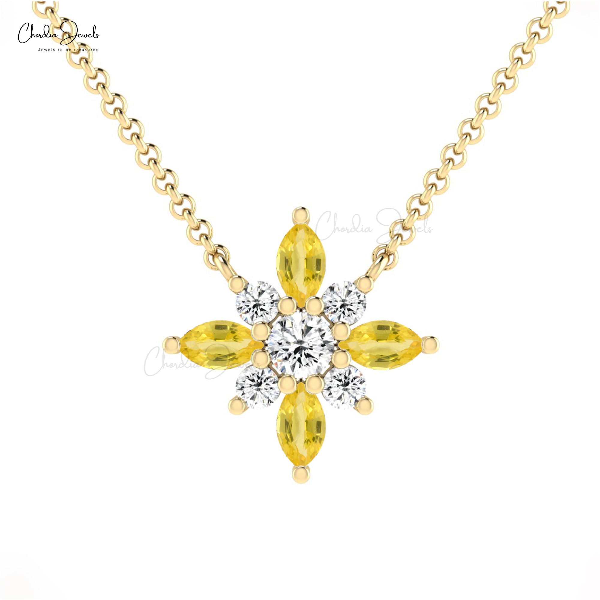 Floral Diamond Necklace With 4x2mm Yellow Sapphire Prong Set In 14k Pure Gold Necklaces