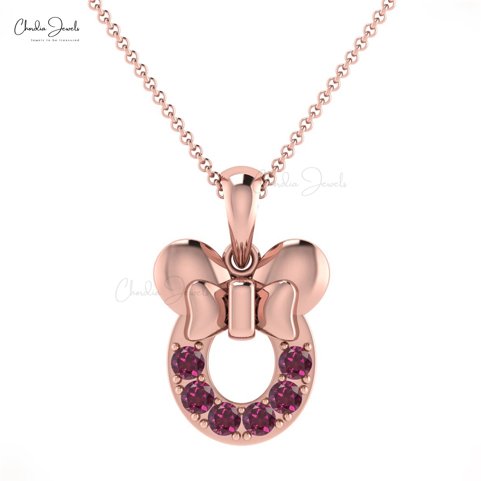 Round 2mm Brilliant Shape 0.3 Ct Genuine Rhodolite Garnet Mickey Mouse Pendant 14k Solid Gold January Birthstone Kids Pendant Minimalist Jewelry