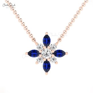 Pure 14k Gold Snow Flake Necklace With 0.32 Ct Blue Sapphire And Diamond Cluster Jewelry