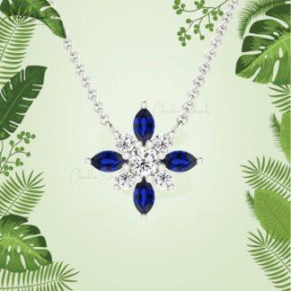 Pure 14k Gold Snow Flake Necklace With 0.32 Ct Blue Sapphire And Diamond Cluster Jewelry