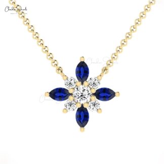 Pure 14k Gold Snow Flake Necklace With 0.32 Ct Blue Sapphire And Diamond Cluster Jewelry