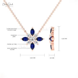 Pure 14k Gold Snow Flake Necklace With 0.32 Ct Blue Sapphire And Diamond Cluster Jewelry