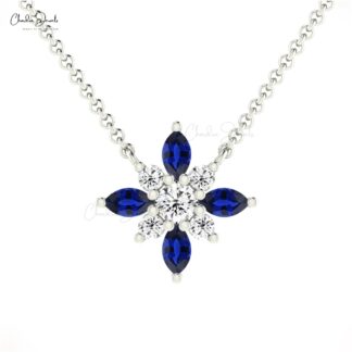Pure 14k Gold Snow Flake Necklace With 0.32 Ct Blue Sapphire And Diamond Cluster Jewelry