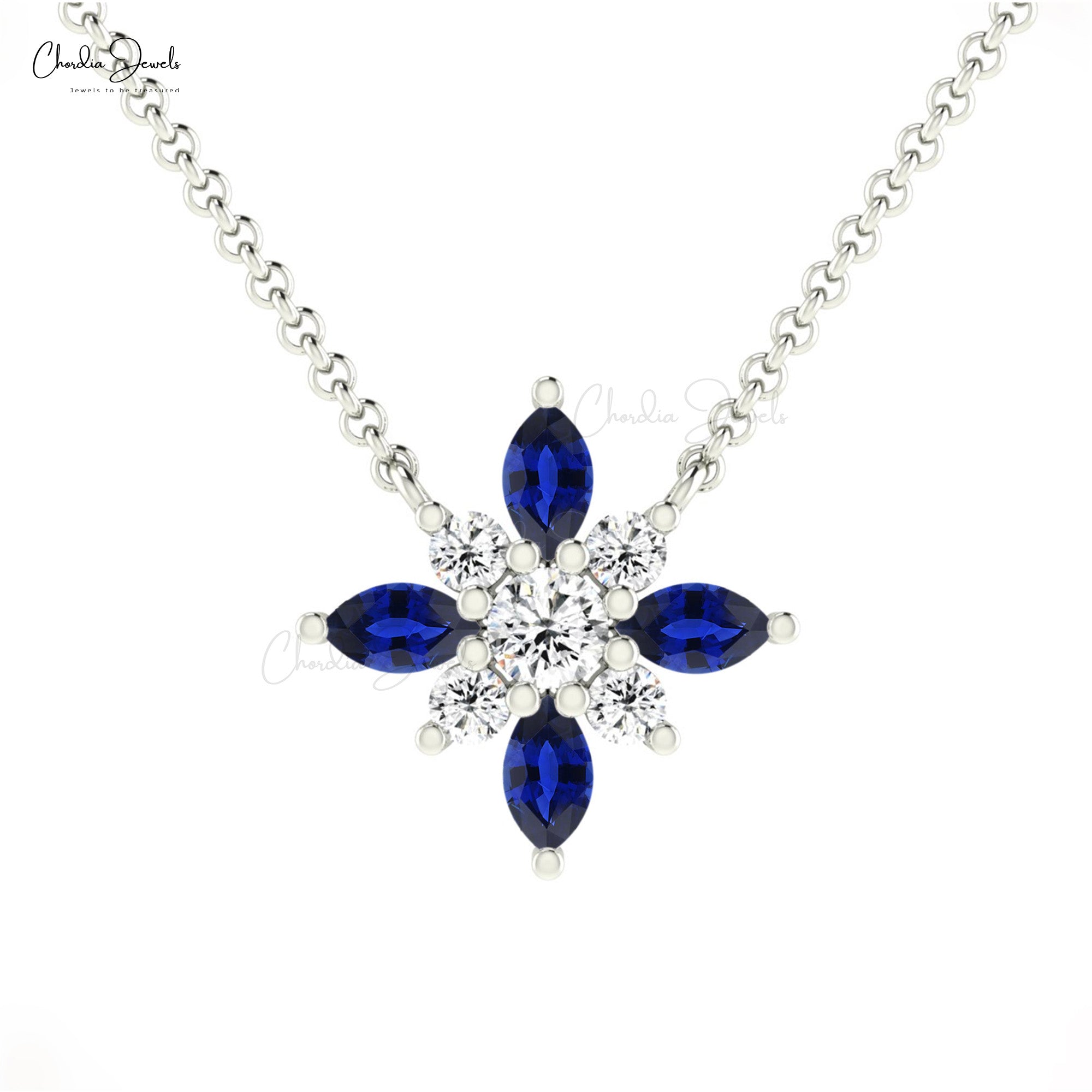 Pure 14k Gold Snow Flake Necklace With 0.32 Ct Blue Sapphire And Diamond Cluster Jewelry