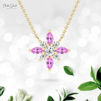Cluster Snow Flake Pendant In 14k Solid Gold Pink Sapphire And Diamond Chain Necklaces