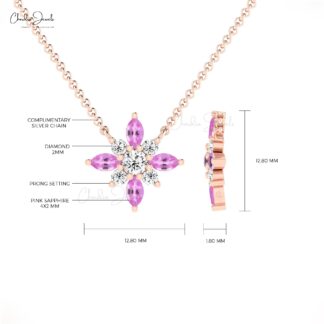 Cluster Snow Flake Pendant In 14k Solid Gold Pink Sapphire And Diamond Chain Necklaces