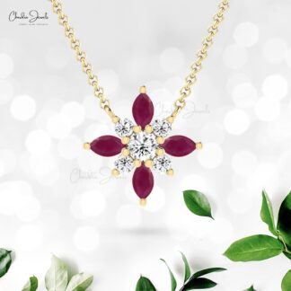 Dual Birthstone Cluster Pendant In 14k Solid Gold Burma Ruby And Diamond Necklace For Her