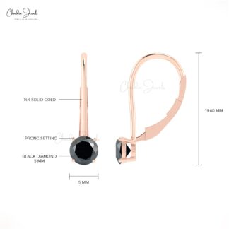 Dangle Latch Back Earrings With 5mm Black Diamond Solitaire Earring in 14k Real Gold