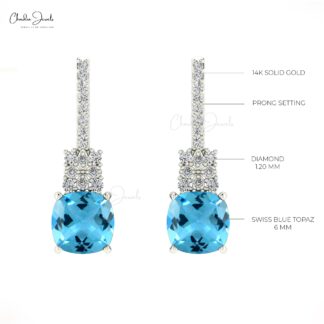 Solid 14k Gold Dainty Women Stud In 2.84 Ct Swiss Blue Topaz Diamond Minimalist Earrings
