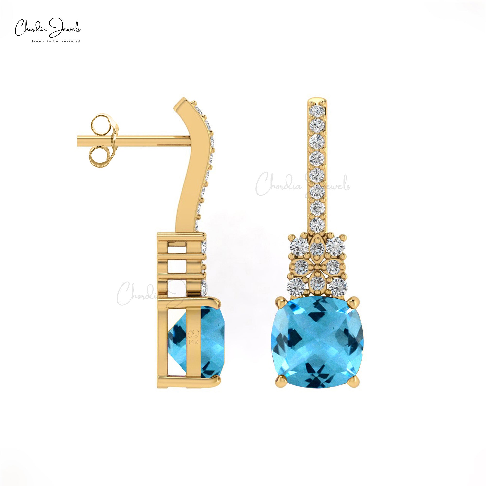 Solid 14k Gold Dainty Women Stud In 2.84 Ct Swiss Blue Topaz Diamond Minimalist Earrings