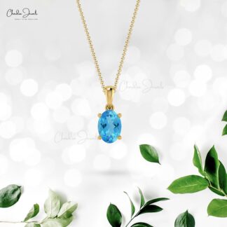 Genuine Swiss Blue Topaz Dangle Pendant in 14k Real Gold Handmade Jewelry For Mom