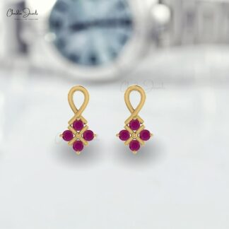 Round Ruby Twisted Stud Earrings in 14k Solid Gold July Birthstone Handcrafted Jewelry
