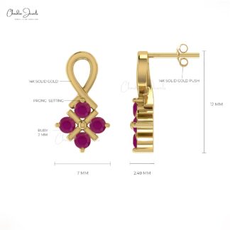 Round Ruby Twisted Stud Earrings in 14k Solid Gold July Birthstone Handcrafted Jewelry