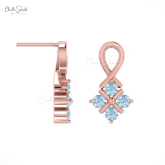 Pure 14k Gold Four Stone Studs In 0.40 Ct Aquamarine Push Back Minimalist Earrings
