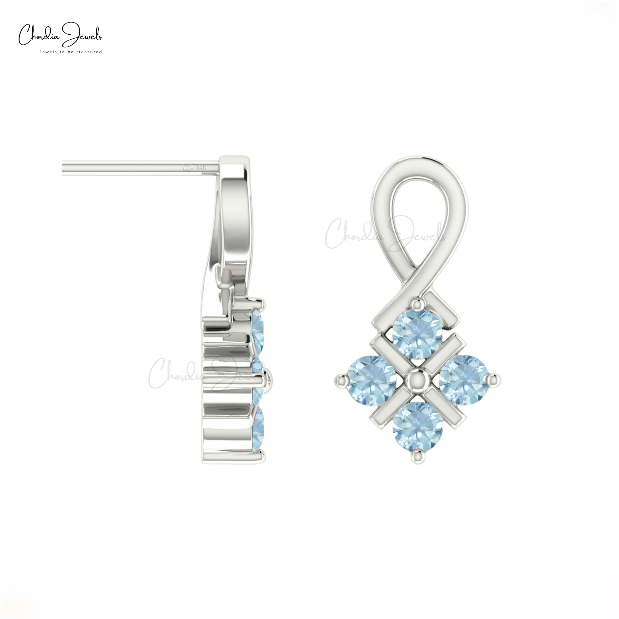 Pure 14k Gold Four Stone Studs In 0.40 Ct Aquamarine Push Back Minimalist Earrings