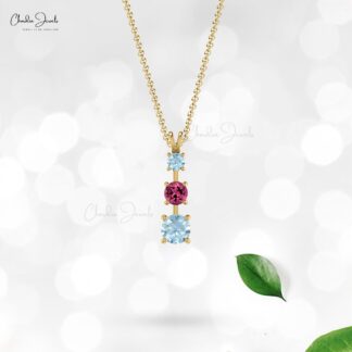 Natural Pink Tourmaline 3 Stone Pendant In 14k Real Gold Aquamarine Fine Women Jewelry
