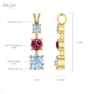 Natural Pink Tourmaline 3 Stone Pendant In 14k Real Gold Aquamarine Fine Women Jewelry