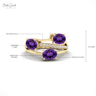 Crossover Wedding Ring In 14k Solid Gold Amethyst 2.16 Ct Oval Gemstone And Diamond Ring