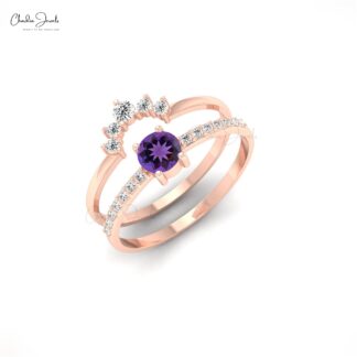 Solid 14k Gold Chevron Diamond Band With 0.23 Ct Amethyst Prong Set Women Ring