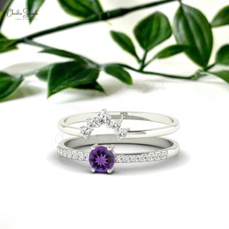 Solid 14k Gold Chevron Diamond Band With 0.23 Ct Amethyst Prong Set Women Ring