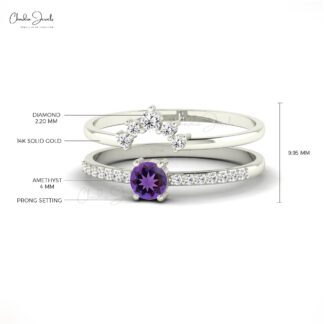 Solid 14k Gold Chevron Diamond Band With 0.23 Ct Amethyst Prong Set Women Ring
