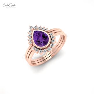 Real 14k Gold Triple Stackable Band With 7x5mm Amethyst And Diamond Halo Bridal Rings