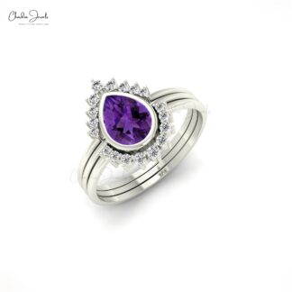 Real 14k Gold Triple Stackable Band With 7x5mm Amethyst And Diamond Halo Bridal Rings