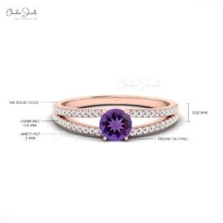 Diamond Split Shank Ring With 0.42 Ct Amethyst February Birthstone Ring In 14k Real Gold