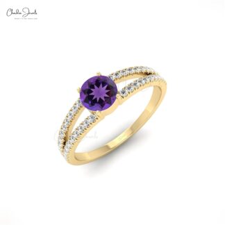 Diamond Split Shank Ring With 0.42 Ct Amethyst February Birthstone Ring In 14k Real Gold