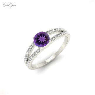 Diamond Split Shank Ring With 0.42 Ct Amethyst February Birthstone Ring In 14k Real Gold