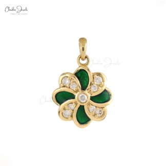 Round Cut Art Deco Pendant In Solid 14k Yellow Gold G-H Diamond Enamel Flower Jewelry