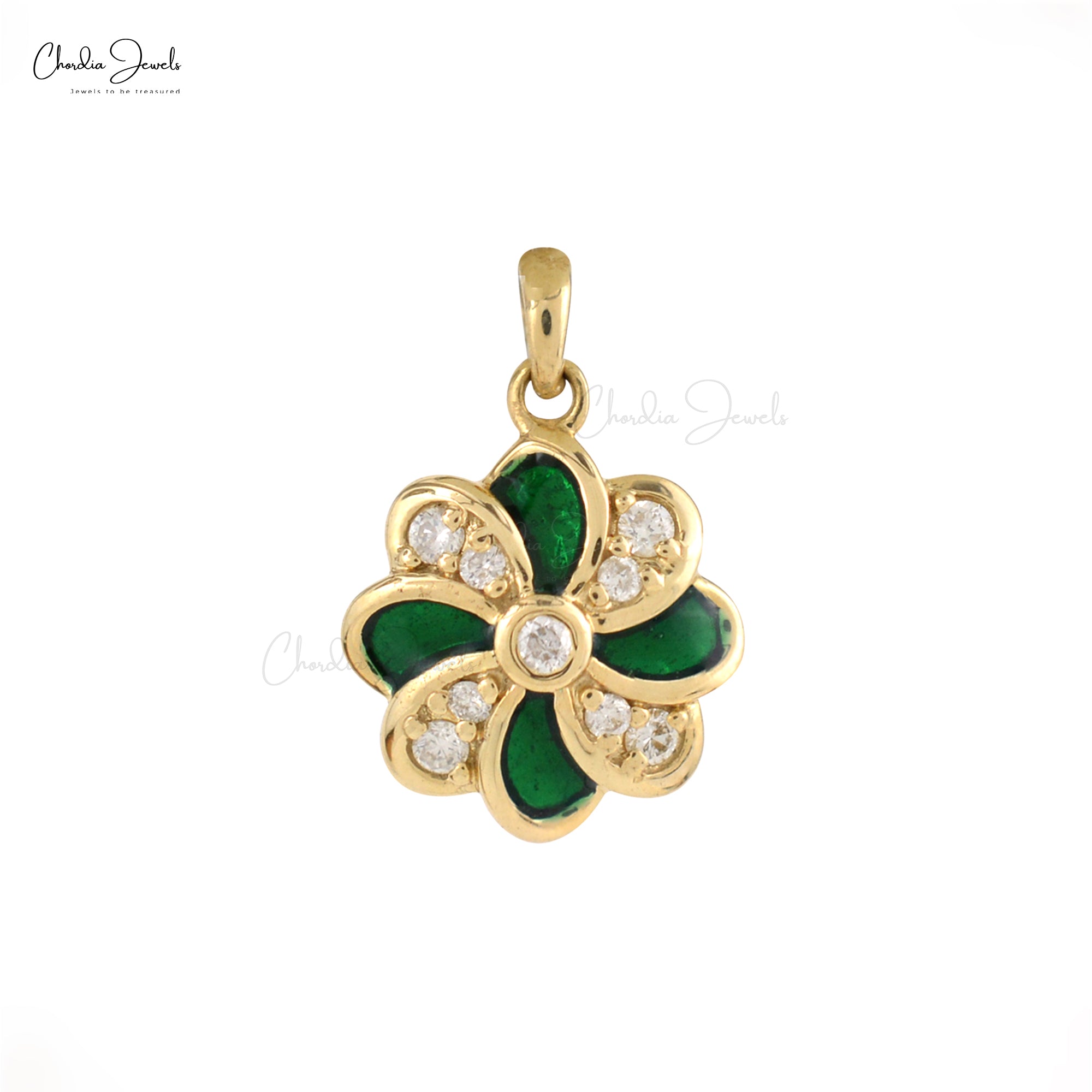 Round Cut Art Deco Pendant In Solid 14k Yellow Gold G-H Diamond Enamel Flower Jewelry