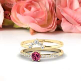 Round Stacking Band With 4mm Pink Tourmaline And G-H Diamond 14k Real Gold Wedding Ring