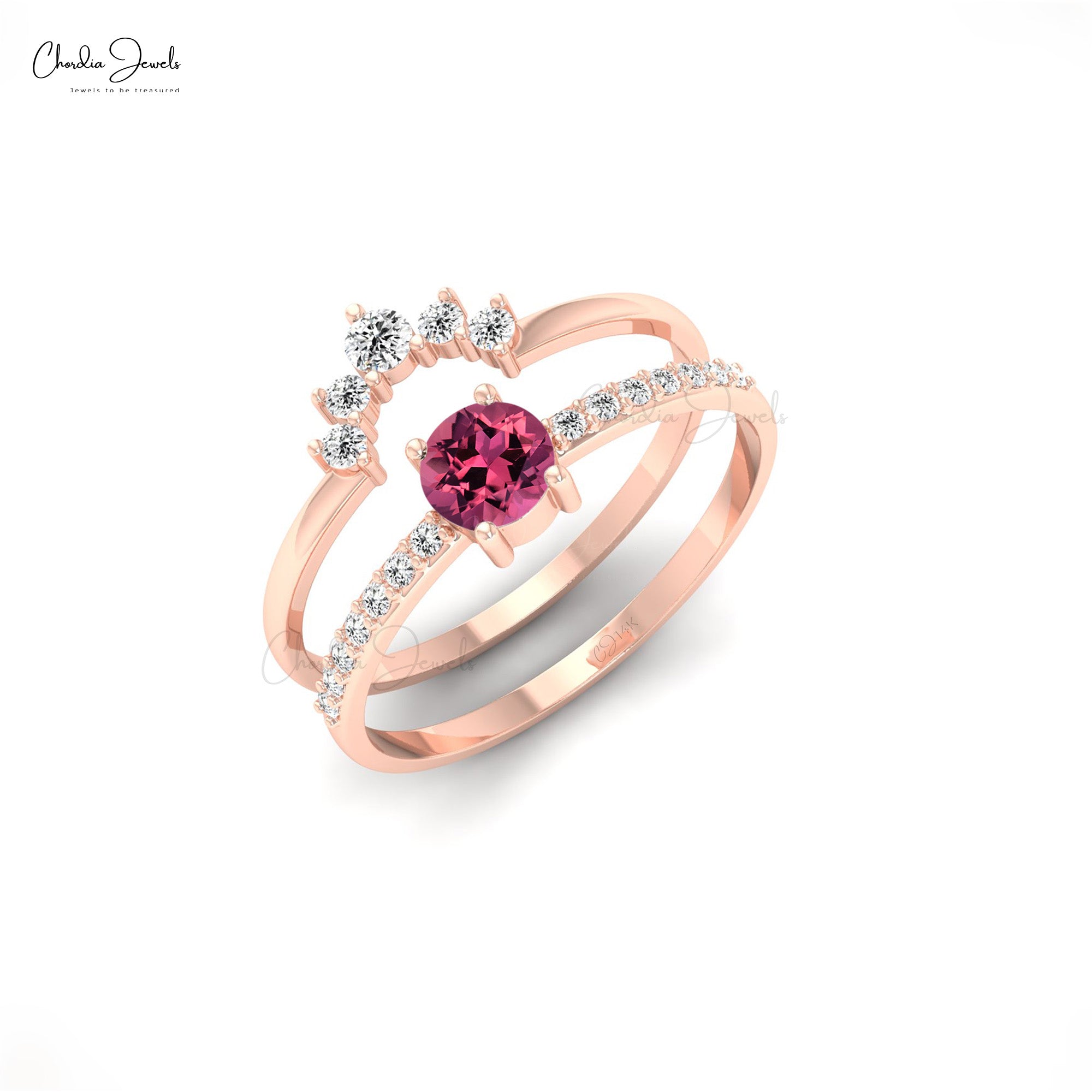 Round Stacking Band With 4mm Pink Tourmaline And G-H Diamond 14k Real Gold Wedding Ring