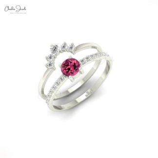Round Stacking Band With 4mm Pink Tourmaline And G-H Diamond 14k Real Gold Wedding Ring