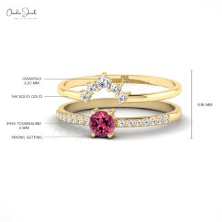 Round Stacking Band With 4mm Pink Tourmaline And G-H Diamond 14k Real Gold Wedding Ring