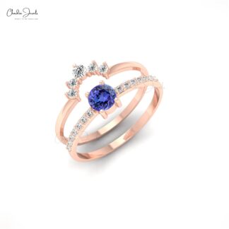 Brilliant Cut Chevron Ring In 14k Solid Gold Tanzanite 0.27 Ct Gemstone & Diamond Rings