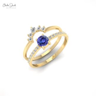 Brilliant Cut Chevron Ring In 14k Solid Gold Tanzanite 0.27 Ct Gemstone & Diamond Rings