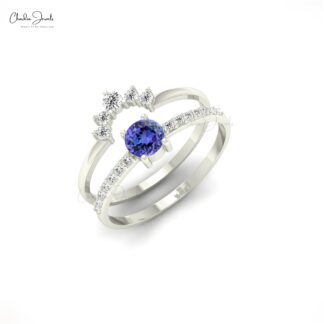 Brilliant Cut Chevron Ring In 14k Solid Gold Tanzanite 0.27 Ct Gemstone & Diamond Rings